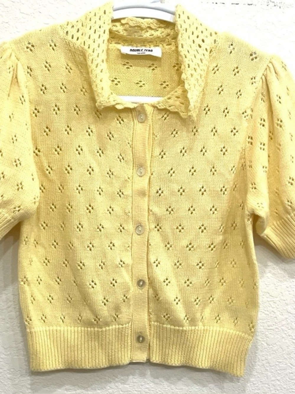 Yellow Crochet Short Sleeve Cardigan‎ Sweater Small Button up Spicy Double Zero
